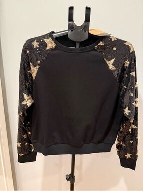Main Strip Black Sweatshirt with Gold Sequin Star Sleeves